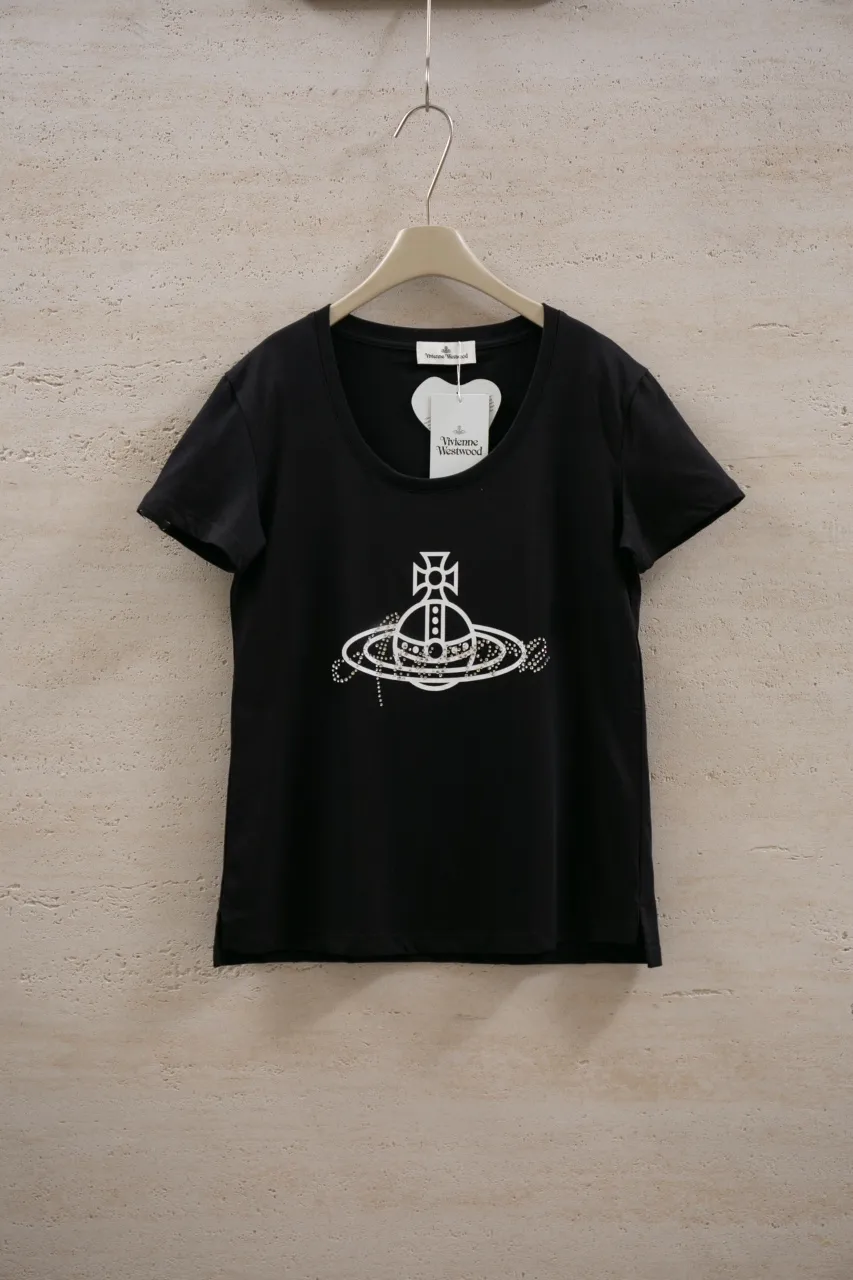 vivienne west wood Queen Mother West U-neck Hot Diamond Saturn Logo Big T Short Sleeves 220g 32 Count High Density Double Yarn Pure Cotton Size: XS-L Color: White Black